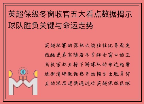 英超保级冬窗收官五大看点数据揭示球队胜负关键与命运走势